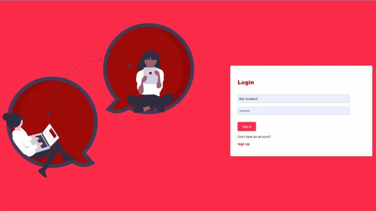 Chat website homepage with illustration of people sitting in chat bubbles