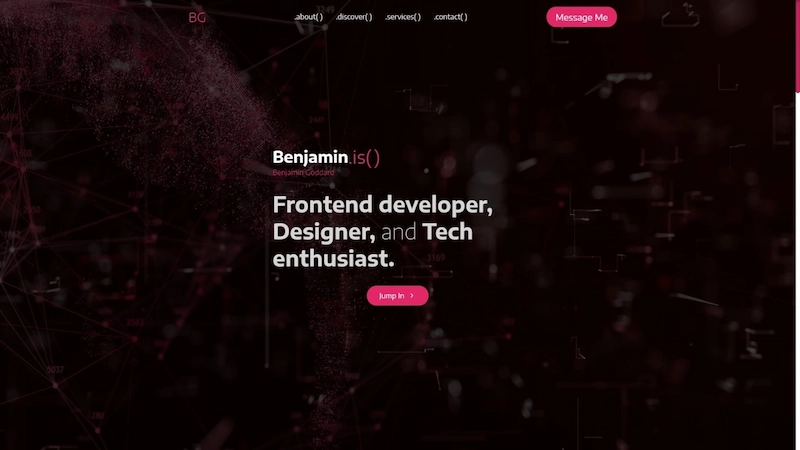 Website homepage with magenta data points floating in the background