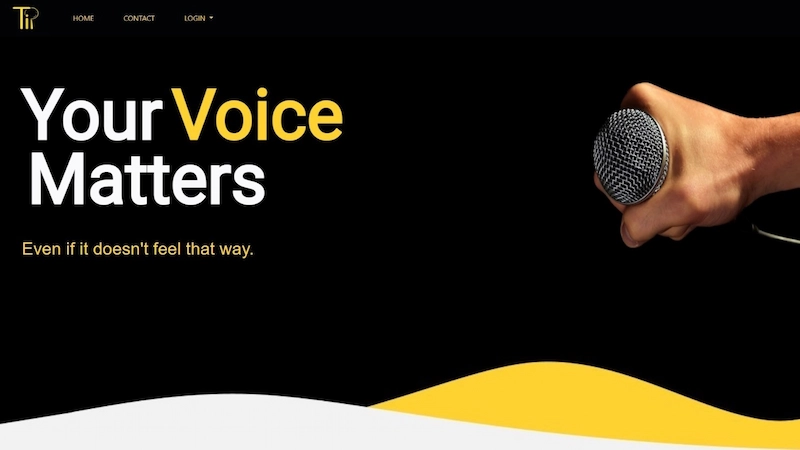 TiP homepage with text and an image of a hand holding a microphone