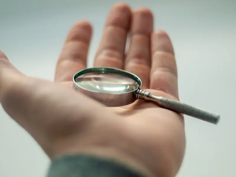 Hand holding a magnifying glass