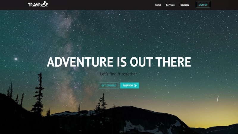 Travel website homepage with a starry sky and mountains in the background