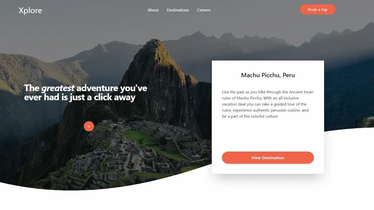 Travel website homepage with mountains in the background