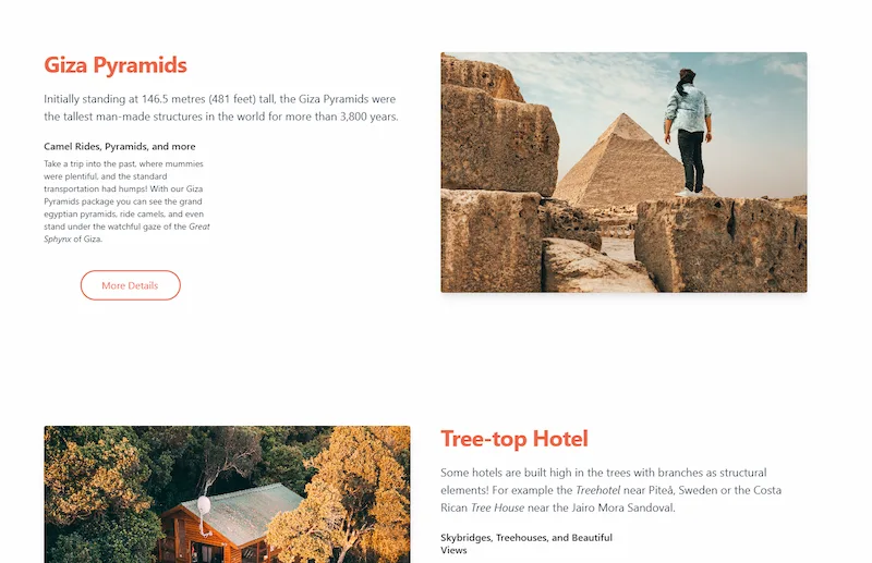 Travel website page with images of pyramids and treehouses